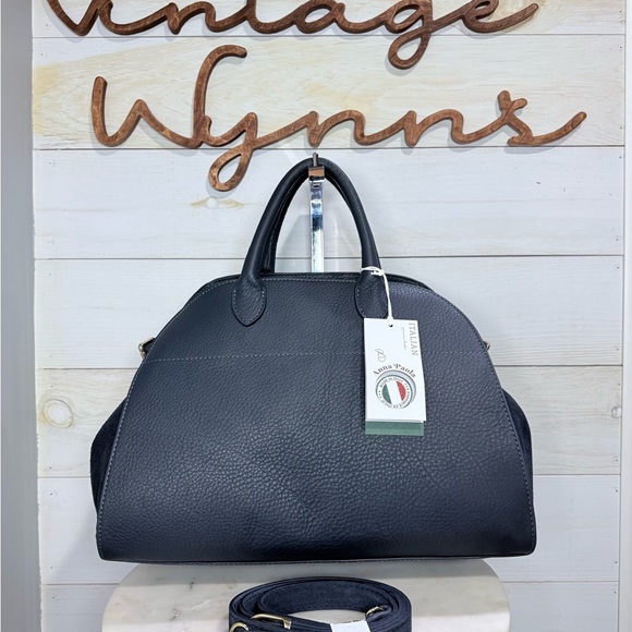 Anna Paola Navy Blue Pebbled Leather with Suede sides Gold Hardware & Crossbody - Picture 1 of 9